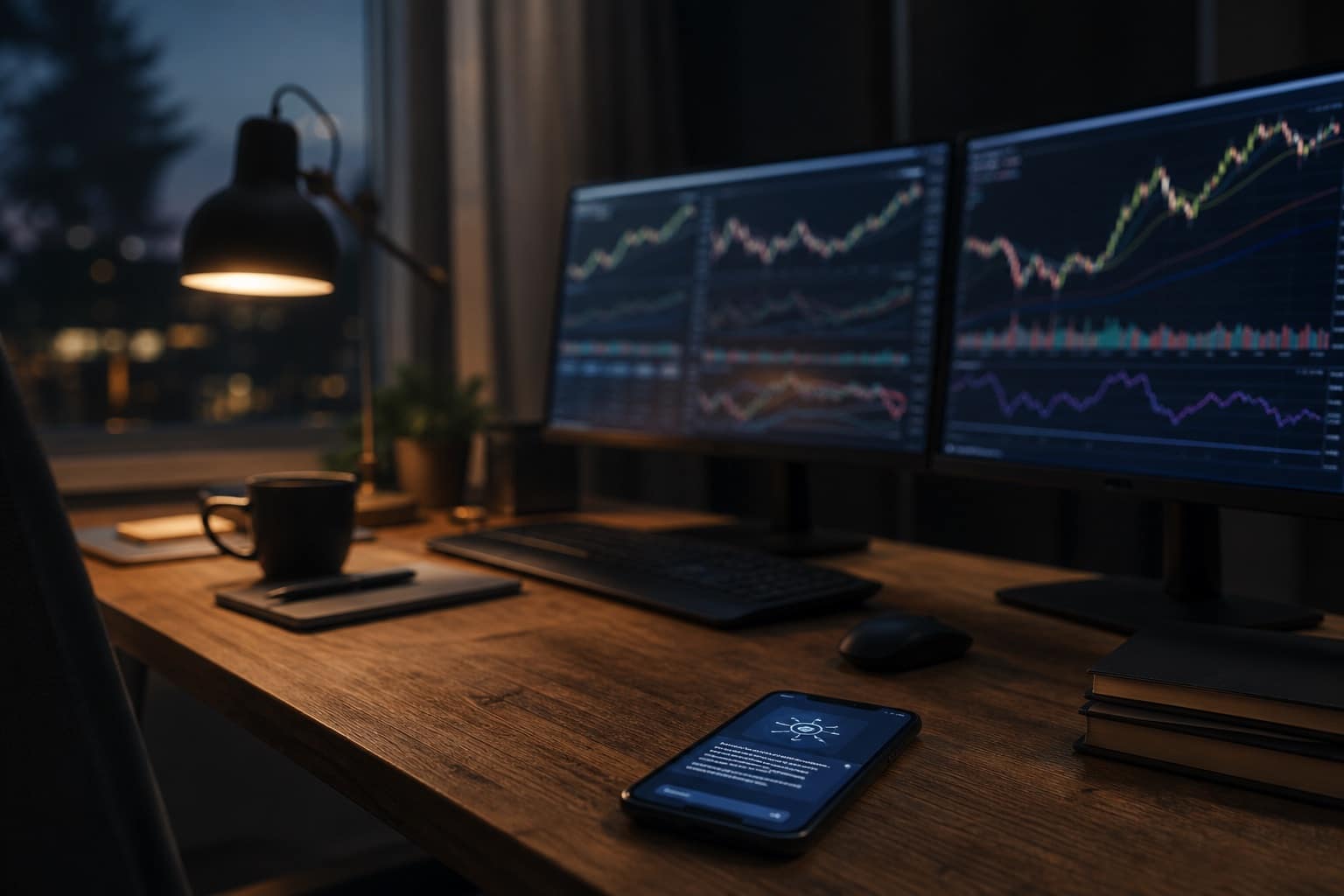 Investerares skrivbord med aktiekurvor på skärmar och ett AI-svar i mobilen